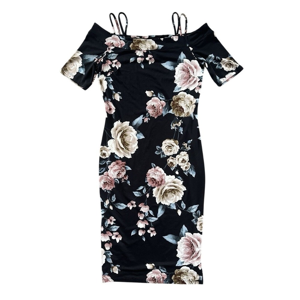 Haute Monde Floral Midi Dress M Black Off The Shoulder Sheath Bodycon‎ Pink Rose